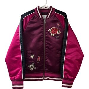 CHILDRENS PLACE Girls Satin Bomber Jacket Embroidered Patches SZ Medium 7/8 Zip